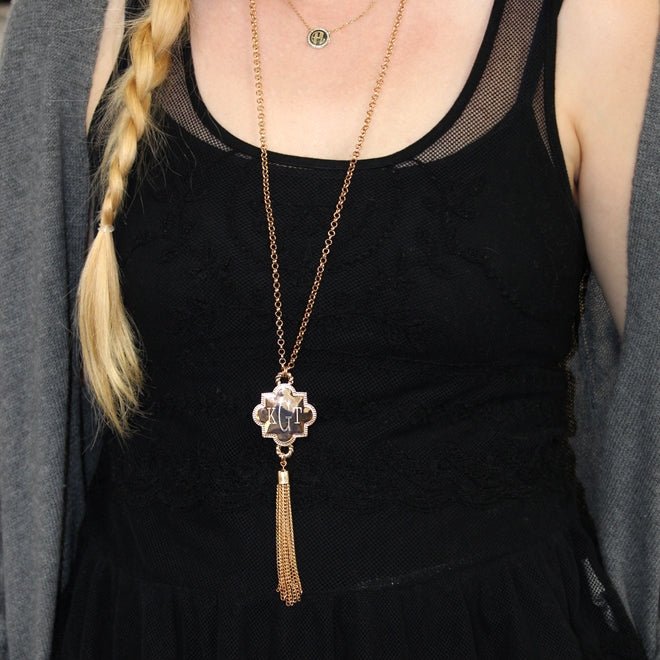 Engravable Quatrefoil Tassel Necklace - Allyanna GiftsMONOGRAM + ENGRAVING