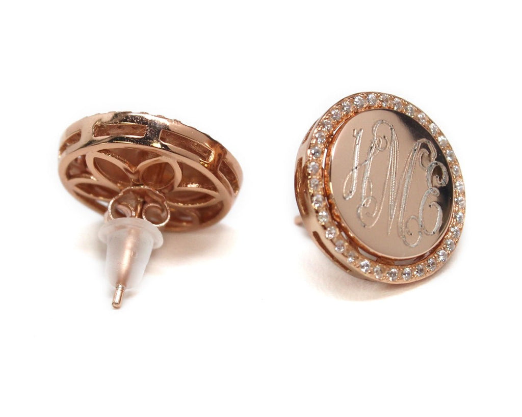 Engravable Rose Gold Sterling Silver CZ Earrings w/ Pearl Studs - Allyanna GiftsMONOGRAM LOVERS