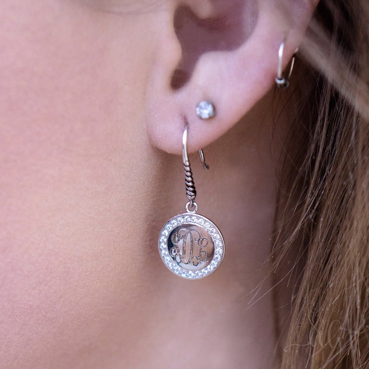 Engravable Sterling Silver Round CZ Drop Earrings - Allyanna GiftsMONOGRAM + ENGRAVING