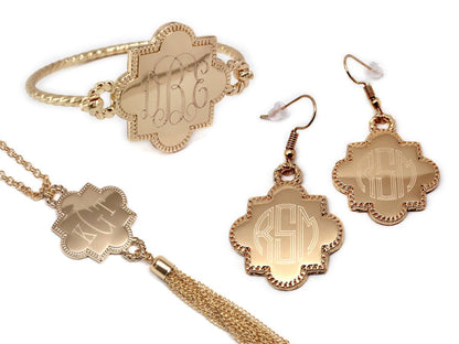 Engraved Quatrefoil Necklace, Bracelet, and Earrings Set - Allyanna GiftsMONOGRAM + ENGRAVING