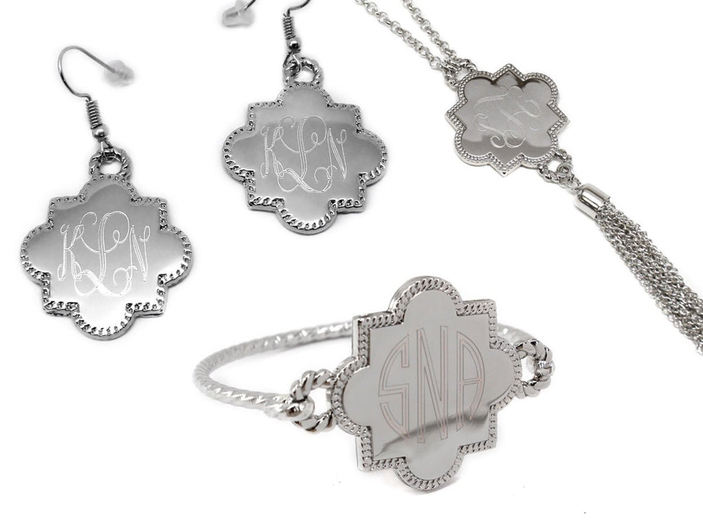 Engraved Quatrefoil Necklace, Bracelet, and Earrings Set - Allyanna GiftsMONOGRAM + ENGRAVING