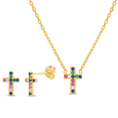 Gold CZ Cross Earring & Necklace Set - Allyanna Gifts