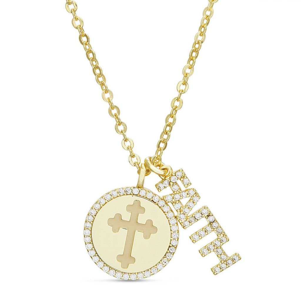 Gold CZ & Enamel Cross Disc W/ CZ "Faith" Double Layer Necklace - Allyanna GiftsNECKLACE