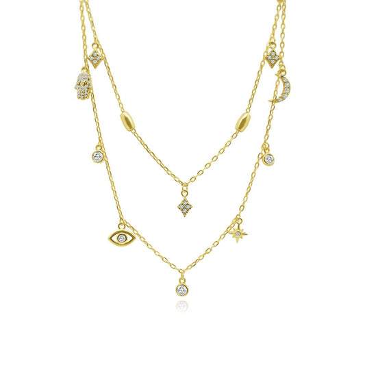 Gold CZ Hamsa, Evil Eye, Star Burst, Diamond, Crescent, Dangle Necklace - Allyanna GiftsNECKLACE