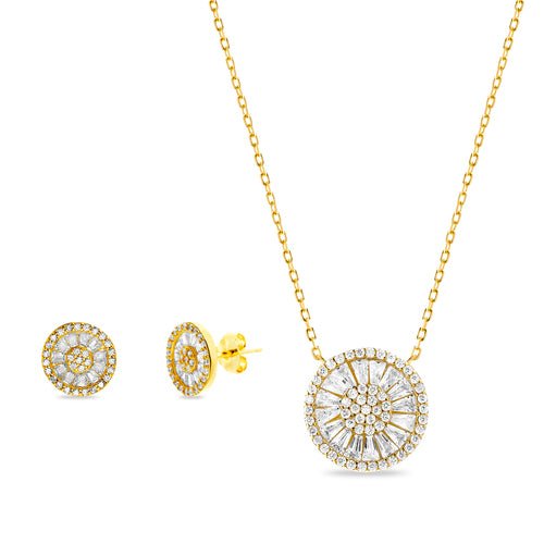 Gold Round CZ Baguette Necklace & Earring Set - Allyanna Gifts