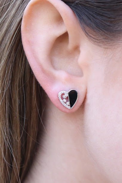 Half Black/Half CZ Heart Post Earrings and Necklace Pendant Set - Allyanna GiftsEARRINGS