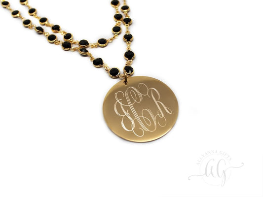 Layered Crystal Beaded Necklace with Engravable Stainless Steel Disc - Allyanna GiftsMONOGRAM + ENGRAVING