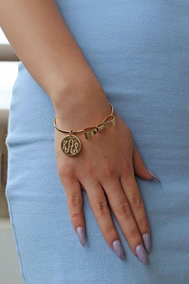 Bow Tie Bracelets with Engraved Monogram Disc - Allyanna Gifts