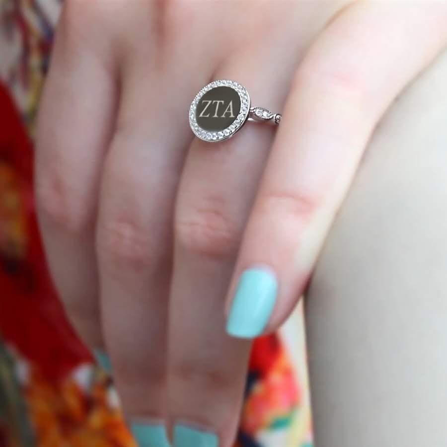 Sorority Letters Alluring Circle Sterling Silver CZ Ring - Allyanna GiftsMONOGRAM + ENGRAVING