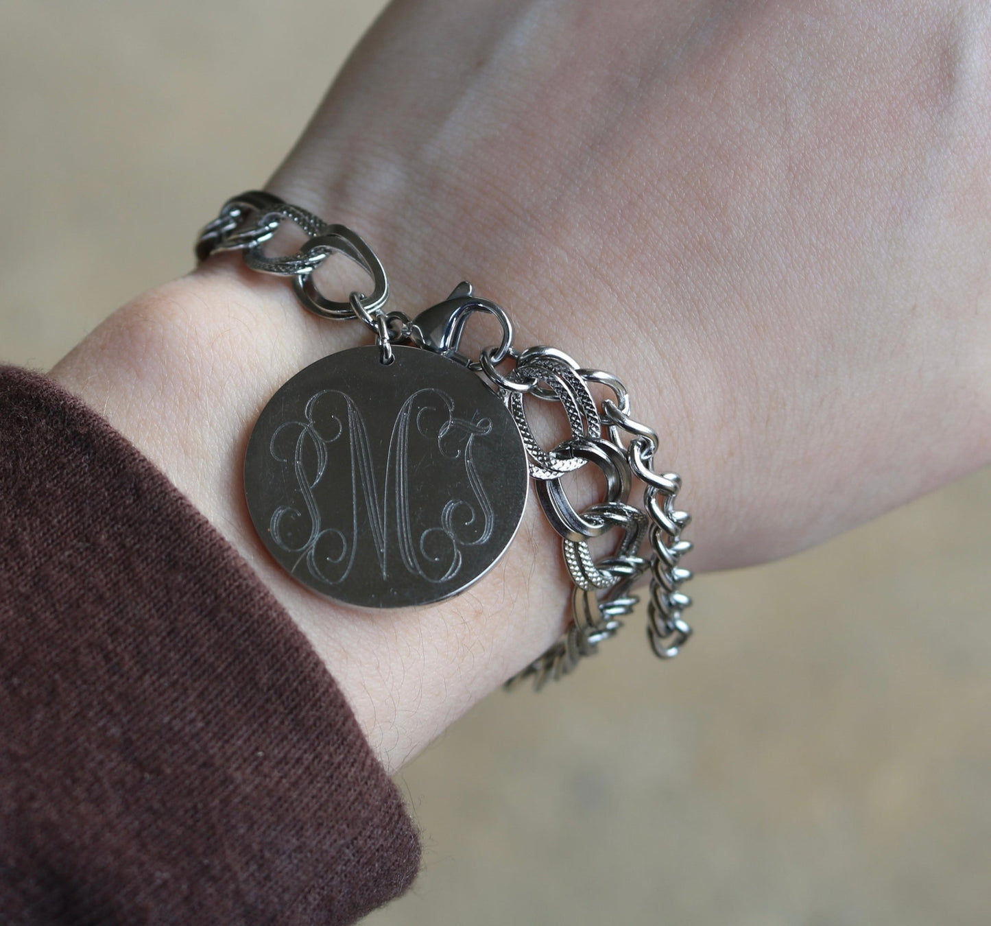 Stainless Steel Engravable Charm Link W/ Pattern Design Bracelet - Allyanna Gifts