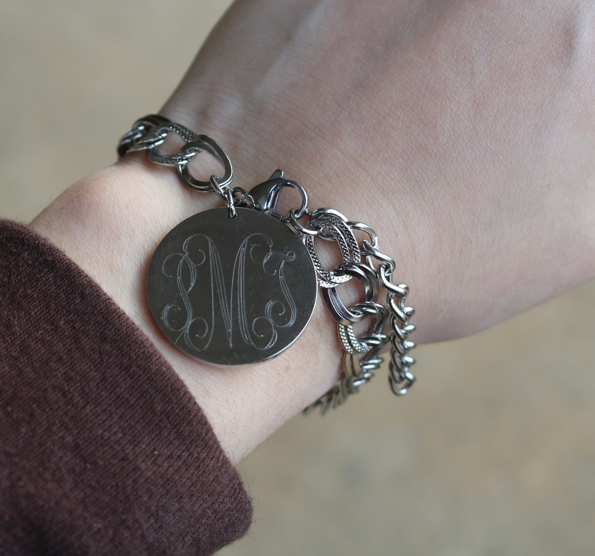 Stainless Steel Engravable Charm Link W/ Pattern Design Bracelet - Allyanna Gifts