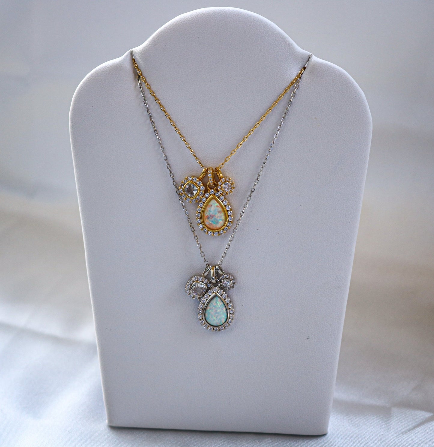 Sterling Silver 3 Charm Opal Tear Drop CZ Necklace - Allyanna Gifts