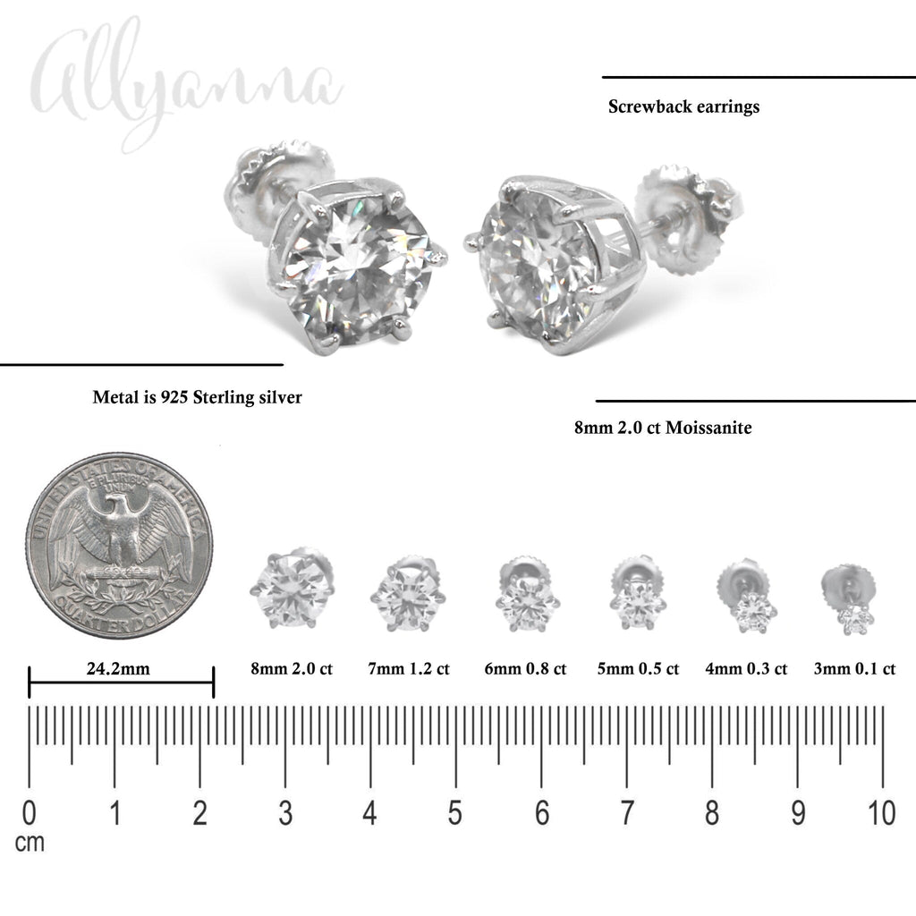Sterling Silver 6 Prong Moissanite Screwback Earrings/ w Certification - Allyanna Gifts
