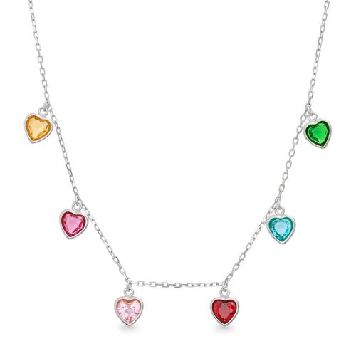 Sterling Silver 925 Multi-Colored CZ Heart Station Necklace - Allyanna Gifts