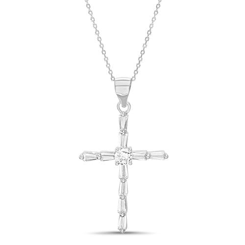 Sterling Silver Baguette Cross Necklace with Round CZ Center - Allyanna Gifts