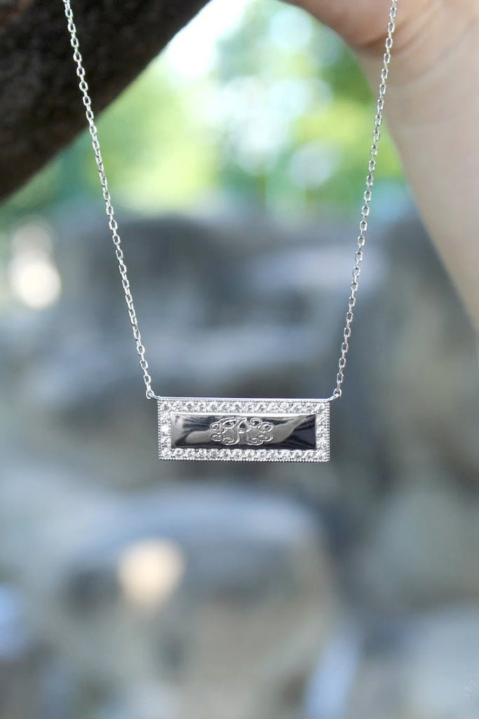 Sterling Silver Bar Engravable CZ Necklace - Allyanna GiftsMONOGRAM + ENGRAVING