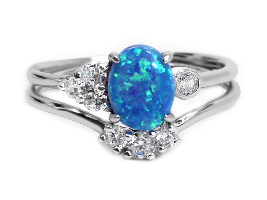 Sterling Silver Blue Opal Double Band CZ Ring - Allyanna GiftsJEWELRY