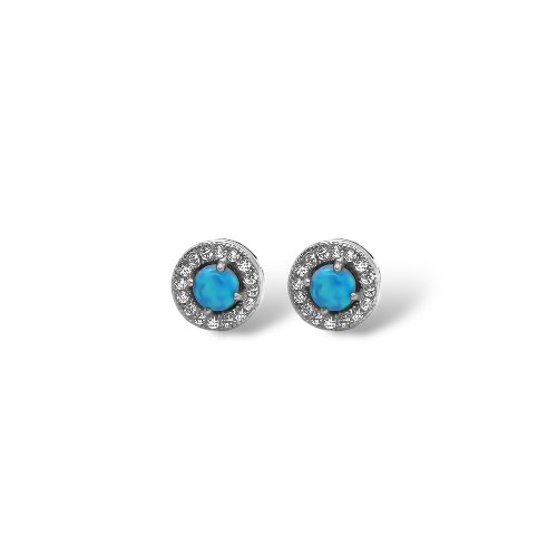 Sterling Silver Blue Opal W/ CZ Halo Round Earrings - Allyanna GiftsEARRINGS