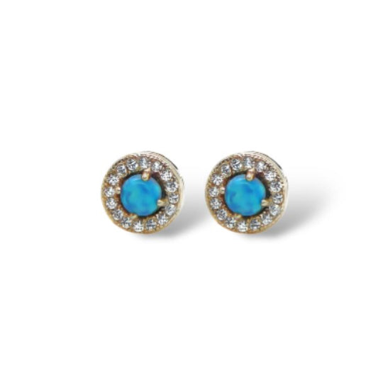 Sterling Silver Blue Opal W/ CZ Halo Round Earrings - Allyanna GiftsEARRINGS