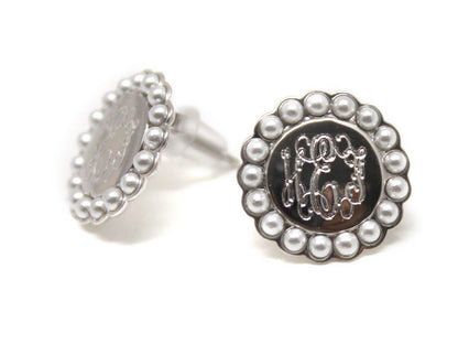 Sterling Silver Circle Engravable Pearl Edged Stud Earrings - Allyanna GiftsEARRINGS