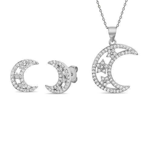 Sterling Silver Crescent & Star Earring/Necklace Set - Allyanna GiftsSETS