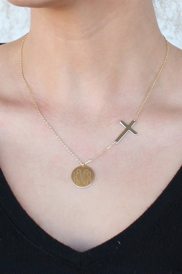 Sterling Silver Cross Necklace with Engravable Disc - Allyanna GiftsMONOGRAM + ENGRAVING