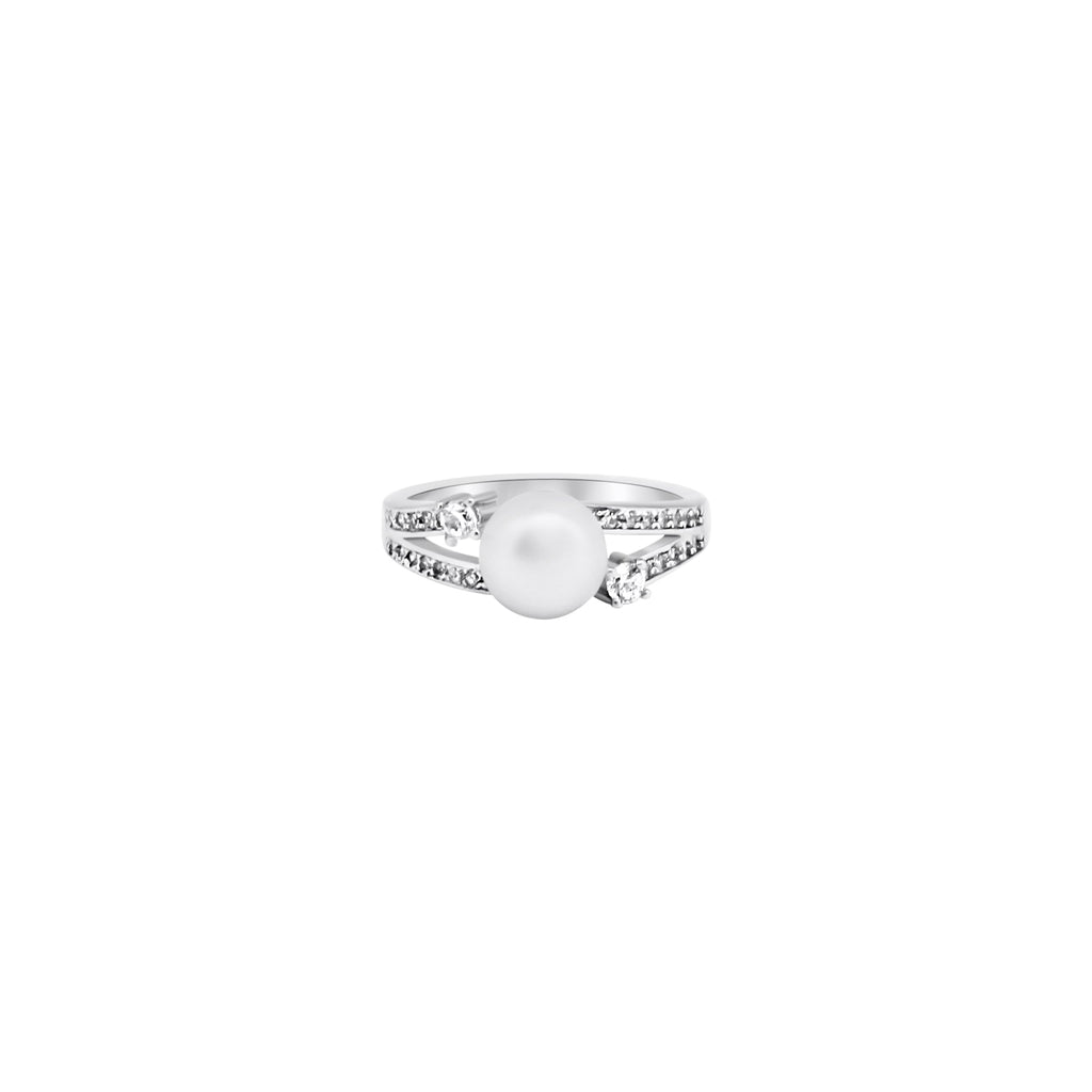 Sterling Silver CZ 2 Line Pearl Center Ring - Allyanna GiftsRINGS