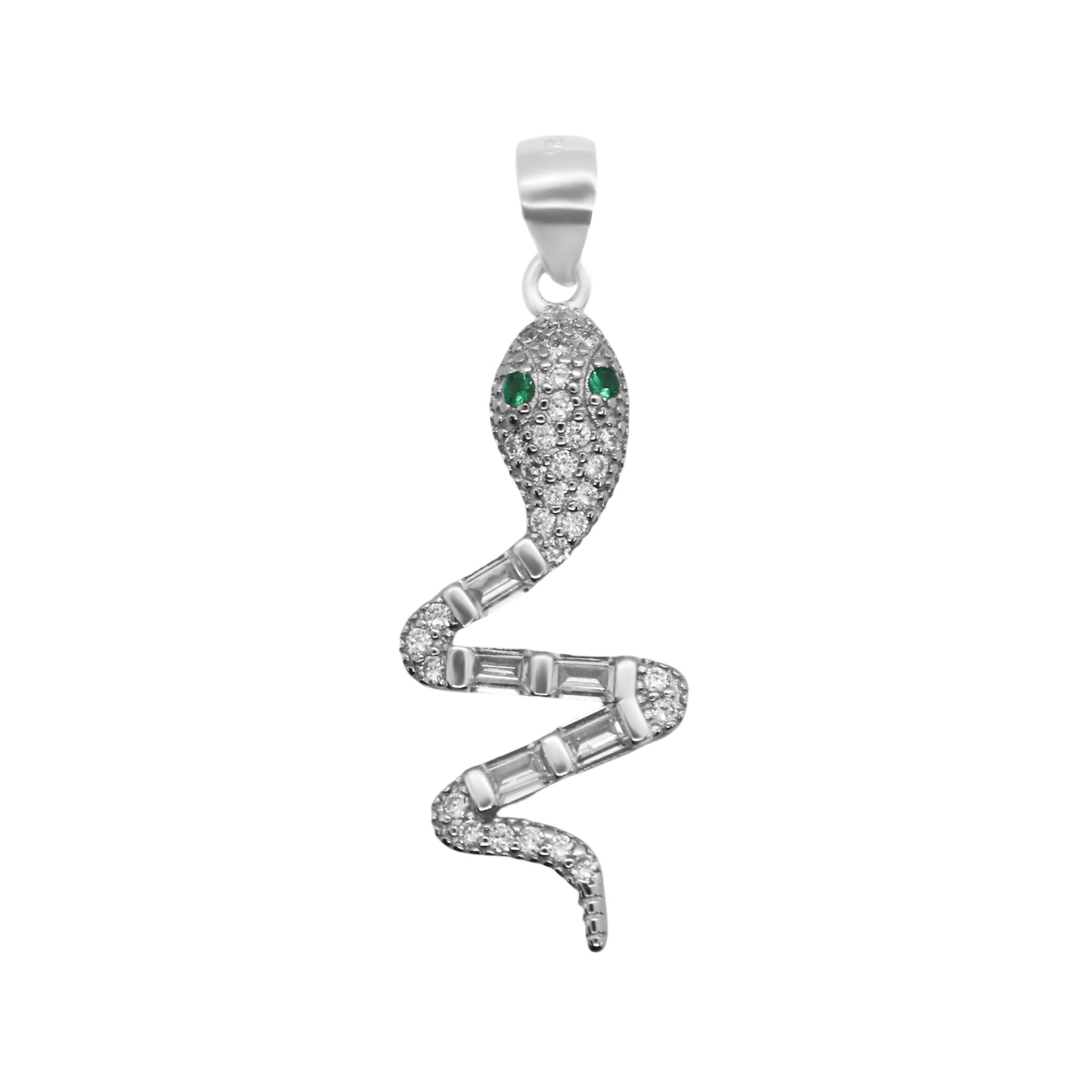 Sterling Silver CZ Baguette Green Eyed Snake Pendant - Allyanna GiftsPendant