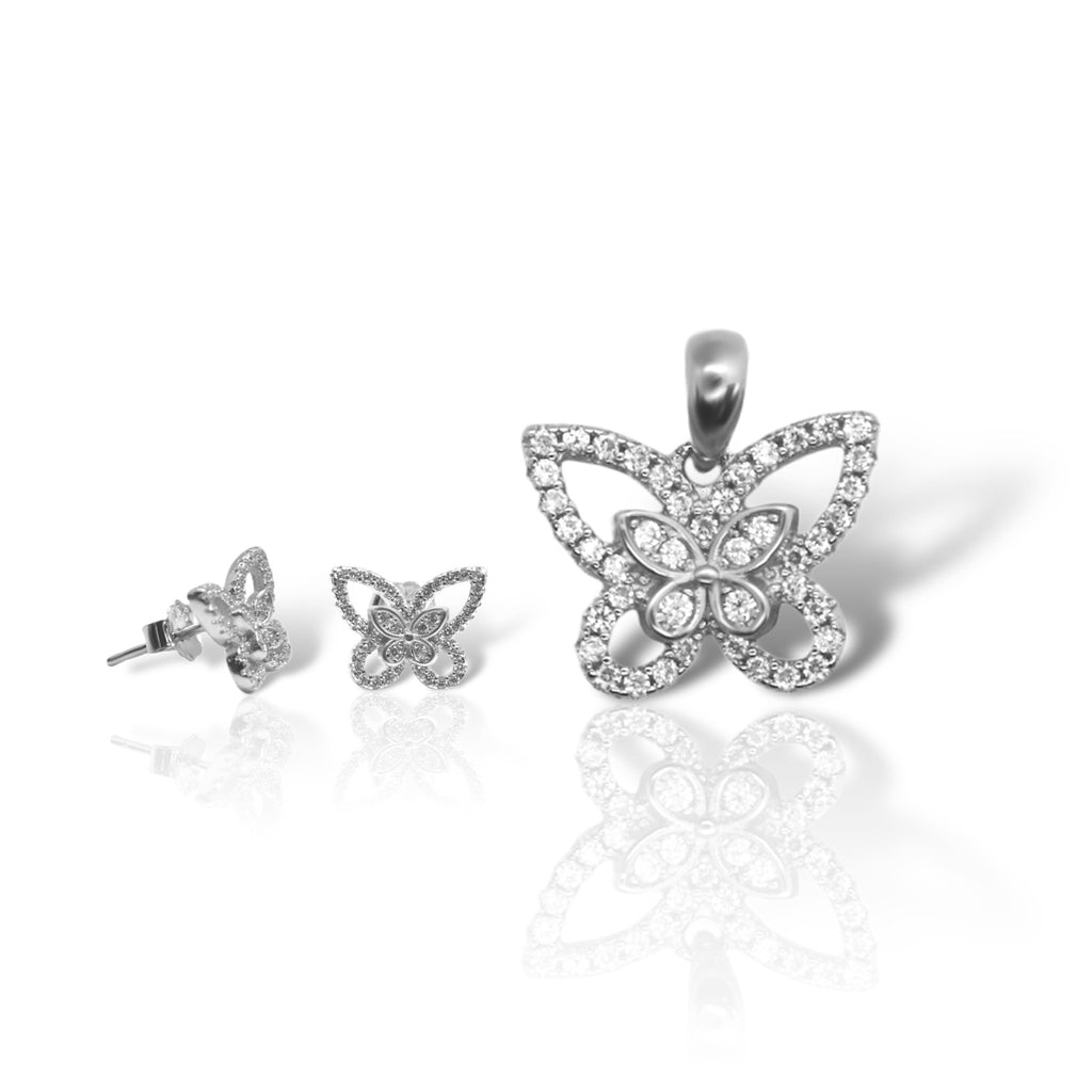 Sterling Silver CZ Butterfly Pendant/Earrings Set - Allyanna Gifts