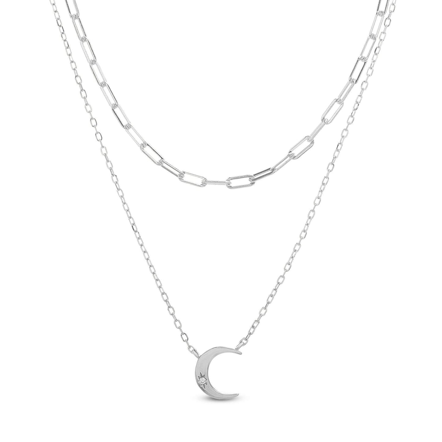Sterling Silver CZ Crescent Station Rolo/Paper Clip Chain Double Layer Necklace - Allyanna GiftsNECKLACE