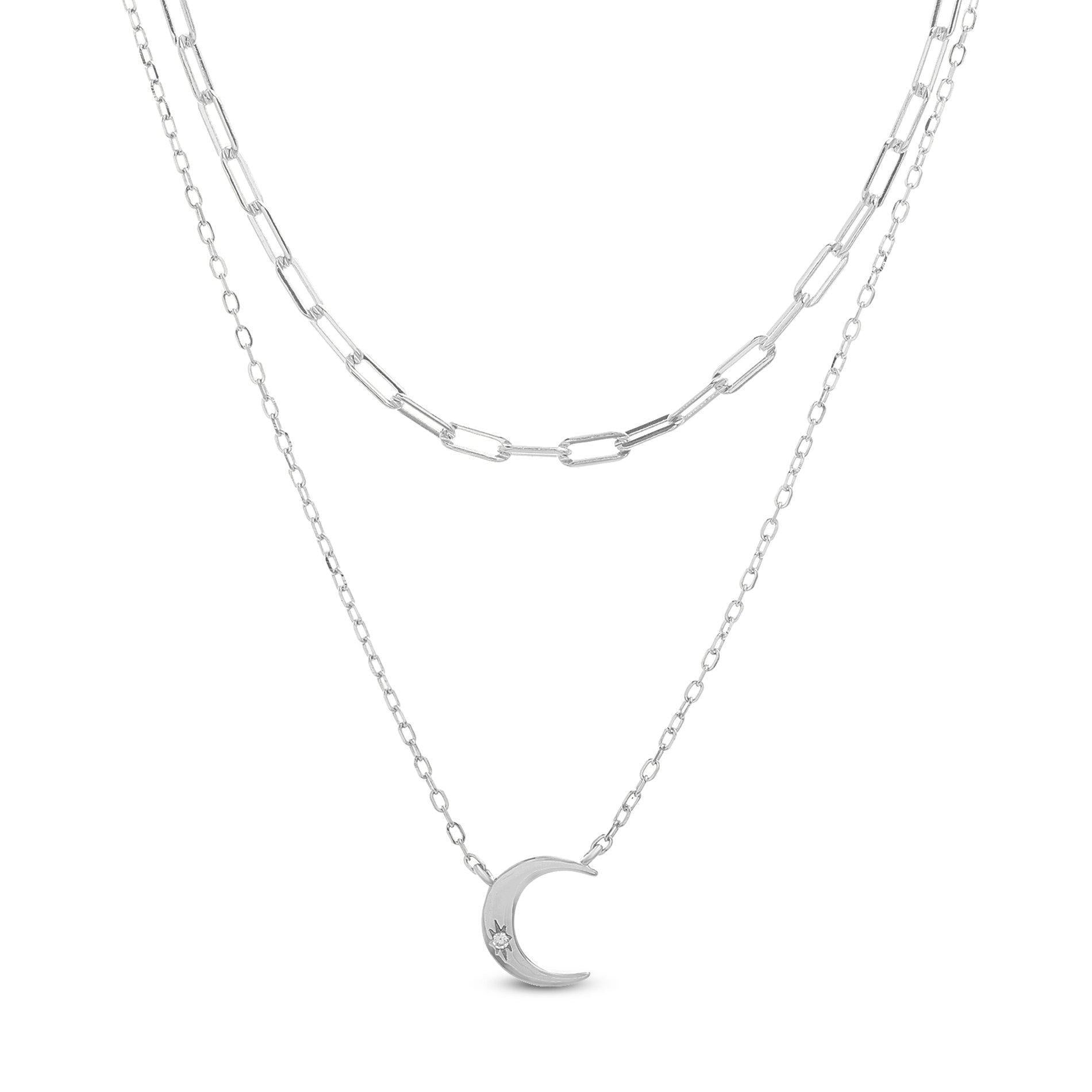 Sterling Silver CZ Crescent Station Rolo/Paper Clip Chain Double Layer Necklace - Allyanna GiftsNECKLACE