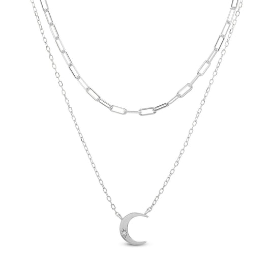 Sterling Silver CZ Crescent Station Rolo/Paper Clip Chain Double Layer Necklace - Allyanna GiftsNECKLACE