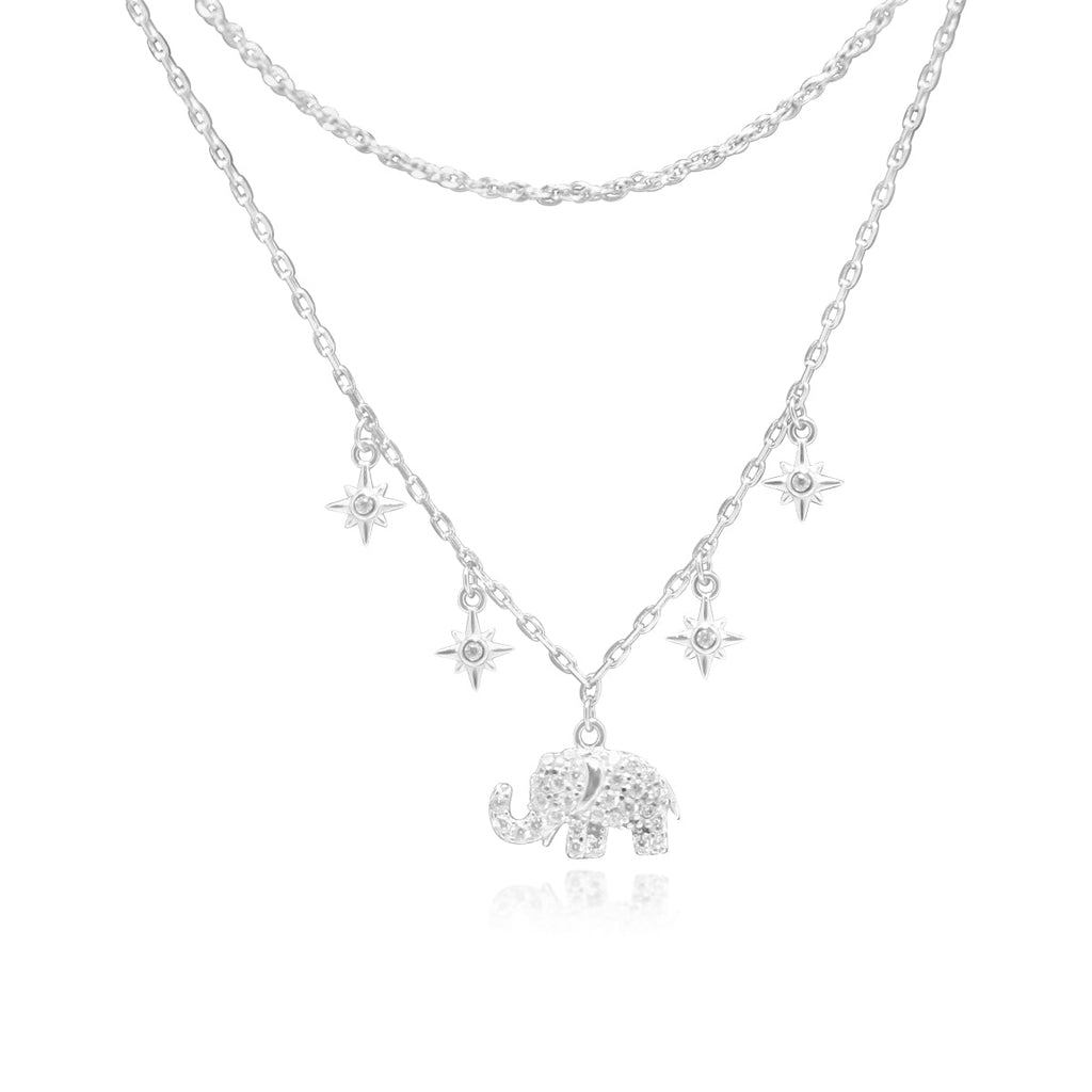 Sterling Silver CZ Elephant W/ Dangle Starburst Stations Double Layer Necklace - Allyanna GiftsNECKLACE