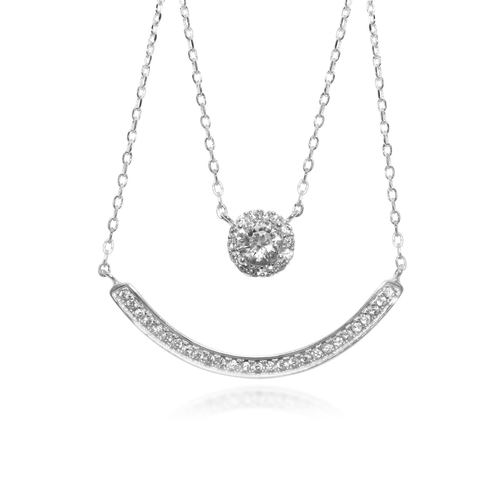 Sterling Silver CZ Halo/ Curved Bar Double Layer Necklace - Allyanna Giftsnecklace