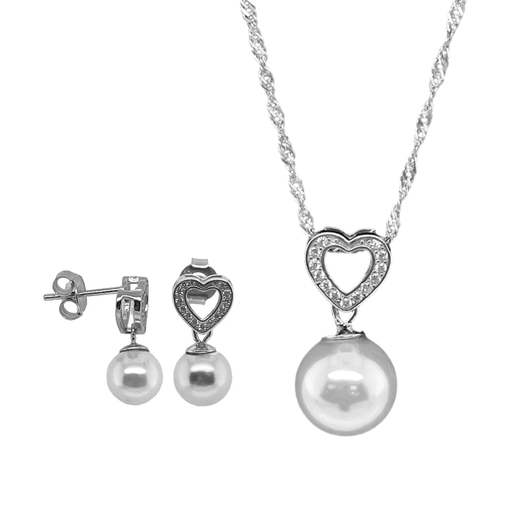 Sterling Silver CZ Heart & Dangling Pearl Necklace/Earrings Set - Allyanna Gifts