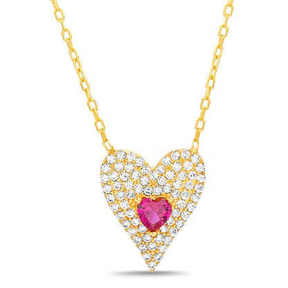 Sterling Silver CZ Heart Pendant w/ Heart Gemstone Center Necklace (2 Styles) - Allyanna Gifts