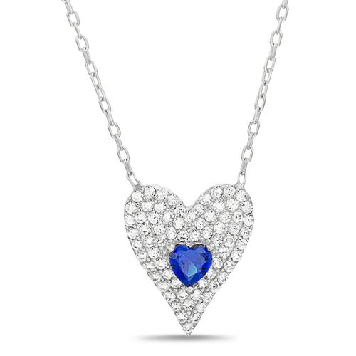 Sterling Silver CZ Heart Pendant w/ Heart Gemstone Center Necklace (2 Styles) - Allyanna Gifts