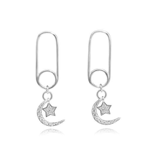Sterling Silver CZ Paperclip W/ Crescent/Star Dangle Stud Earrings - Allyanna GiftsEARRINGS