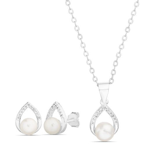 Sterling Silver CZ & Pearl Teardrop Necklace/Earrings Set - Allyanna Gifts