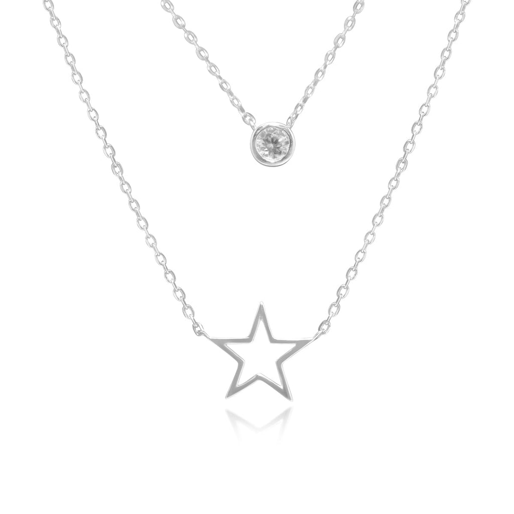 Sterling Silver CZ Station & Polished Open Star Double Layer Necklace and Earring Set - Allyanna GiftsNECKLACE