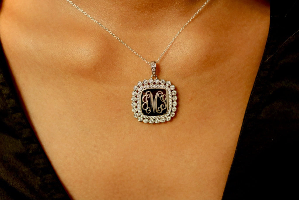 Sterling Silver Decorative Large Soft Square CZ Engravable Necklace - Allyanna GiftsNECKLACE