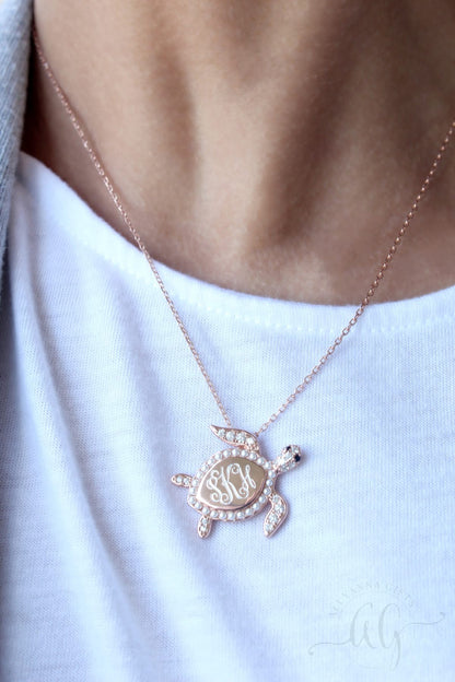 Sterling Silver Decorative Turtle Necklace - Allyanna GiftsMONOGRAM + ENGRAVING