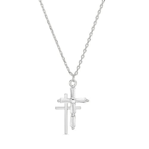 Sterling Silver Double Solid & Baguette CZ Cross Necklace - Allyanna Gifts