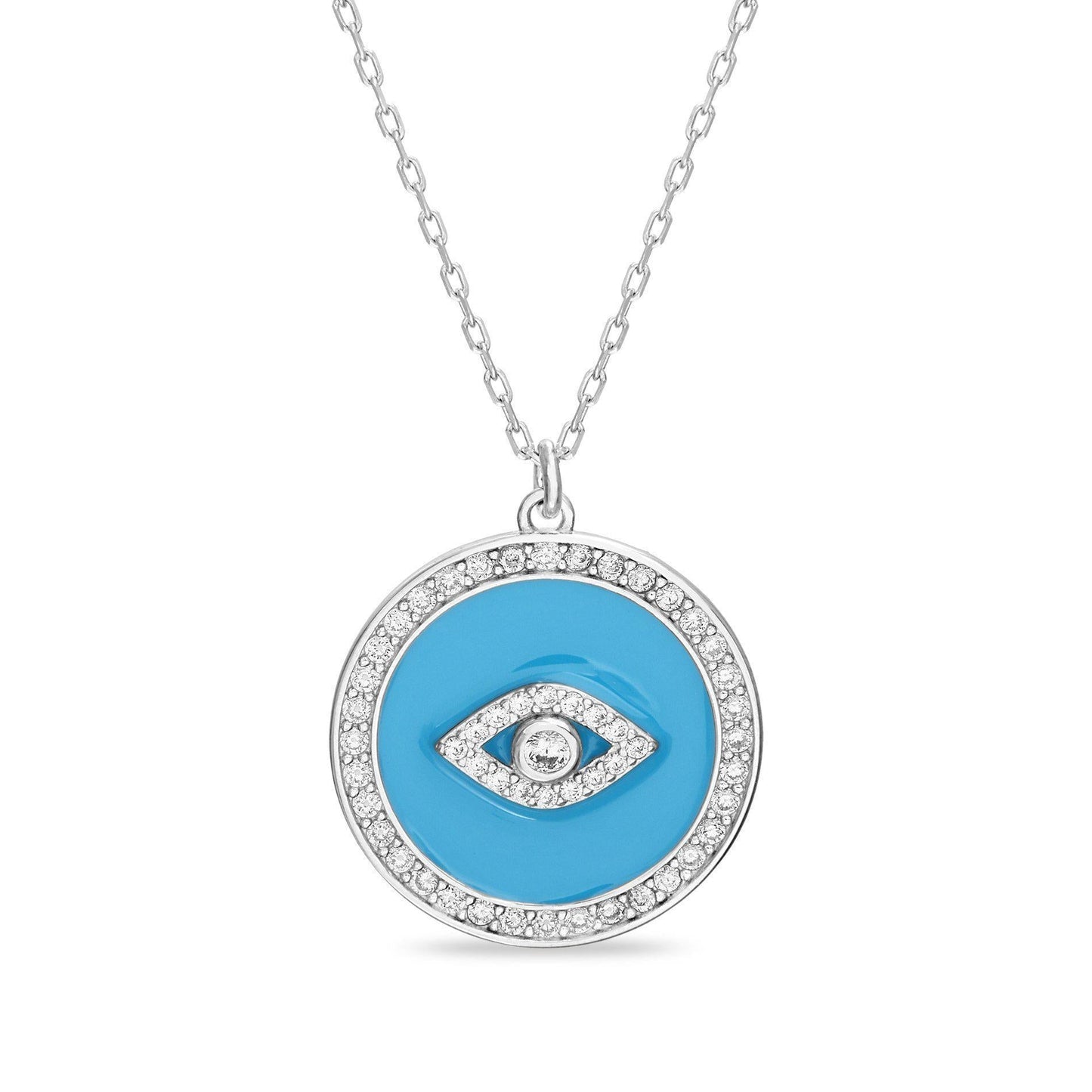 Sterling Silver Enamel & Multi Color CZ Evil Eye W/ CZ Border Disc Necklace - Allyanna GiftsNECKLACE