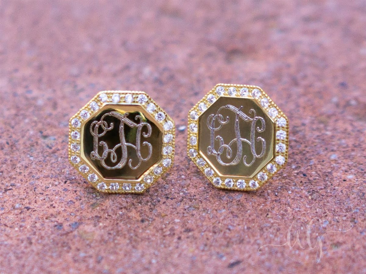 Sterling Silver Engravable Octagon CZ Earrings - Allyanna GiftsMONOGRAM + ENGRAVING