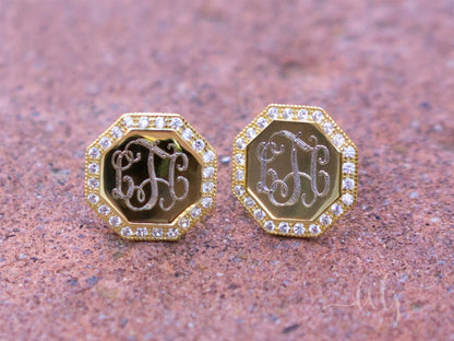 Sterling Silver Engravable Octagon CZ Earrings - Allyanna GiftsMONOGRAM + ENGRAVING