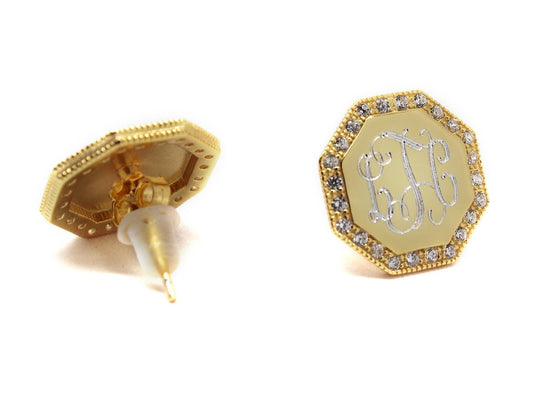 Sterling Silver Engravable Octagon CZ Earrings - Allyanna GiftsMONOGRAM + ENGRAVING