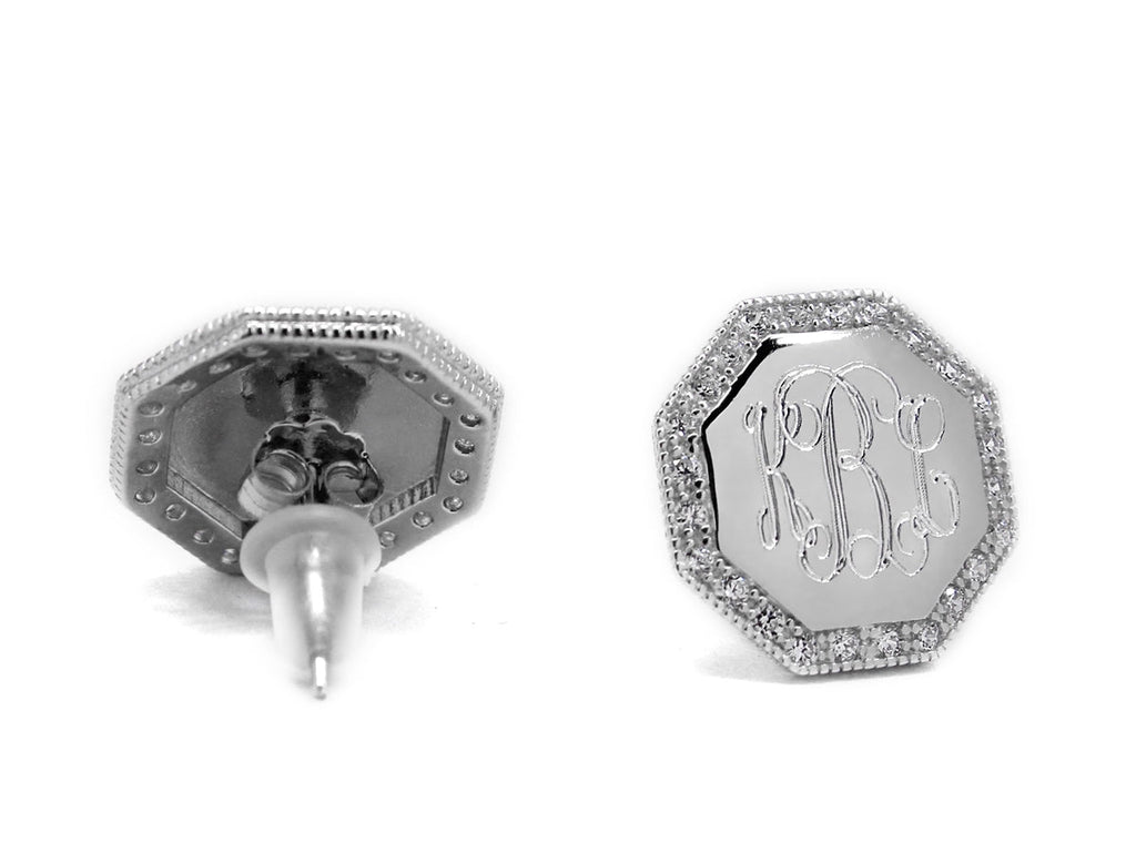 Sterling Silver Engravable Octagon CZ Earrings - Allyanna GiftsMONOGRAM + ENGRAVING