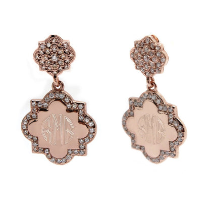 Sterling Silver Engravable Quatrefoil CZ Dangle Earrings - Allyanna GiftsMONOGRAM + ENGRAVING