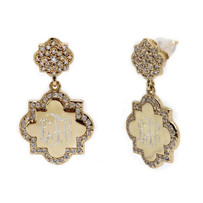 Sterling Silver Engravable Quatrefoil CZ Dangle Earrings - Allyanna GiftsMONOGRAM + ENGRAVING
